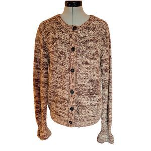 LEON & HARPER Alpaca Blend Ruffle Cuff Loose Knit Cream & Brown Cardigan, Sz M